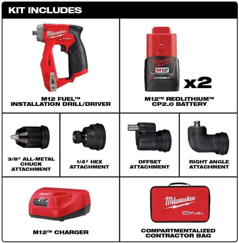 Milwaukee 2505-22 M12 Fuel Installation Drill/Driver Kit, Compact, Forward/Reverse Switch, Keyless Chuck, LED Light, Variable Speed