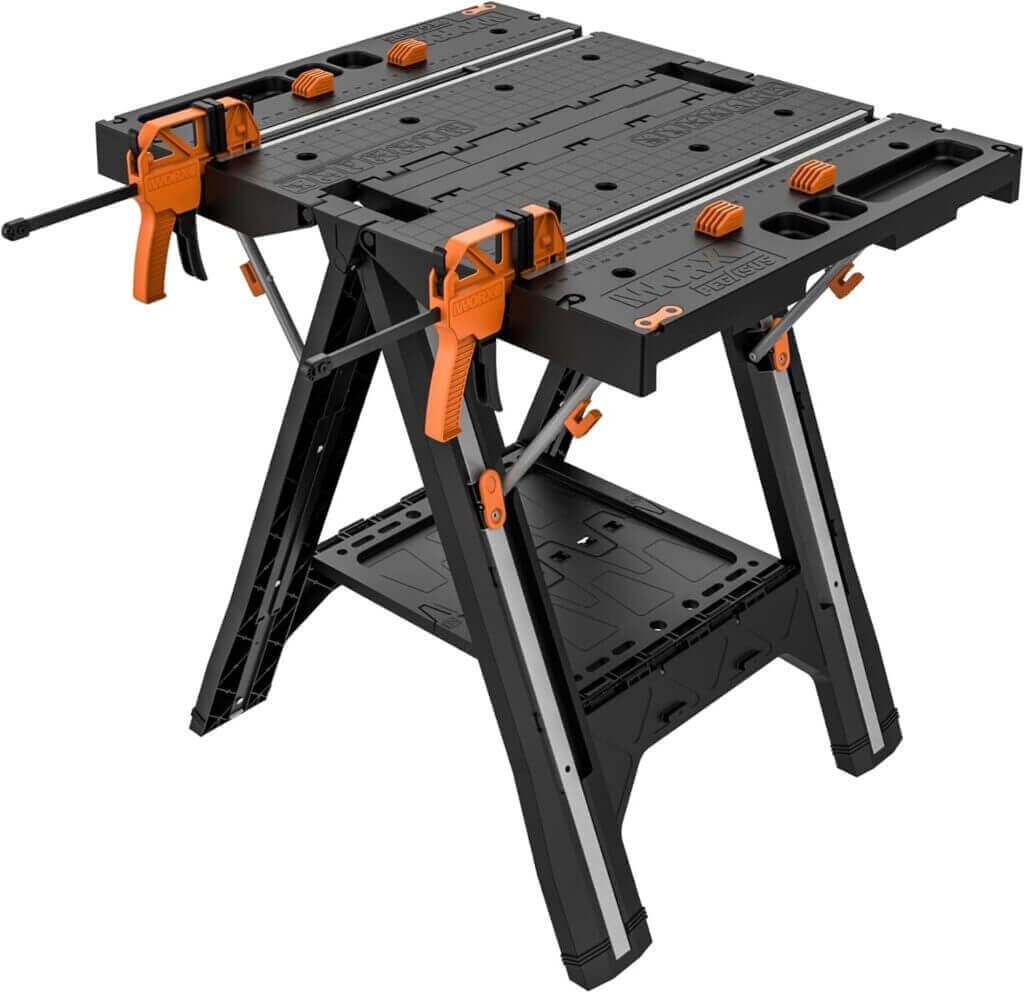 Worx Pegasus 2-in-1 Folding Work Table  Sawhorse, Easy Setup Portable Workbench, 31 W x 25 D x 32 H Lightweight Worktable with Heavy-Duty Load Capacity, WX051 - Includes 2 Clamps  4 Clamp Dogs