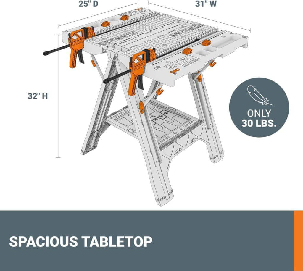 Worx Pegasus 2-in-1 Folding Work Table  Sawhorse, Easy Setup Portable Workbench, 31 W x 25 D x 32 H Lightweight Worktable with Heavy-Duty Load Capacity, WX051 - Includes 2 Clamps  4 Clamp Dogs