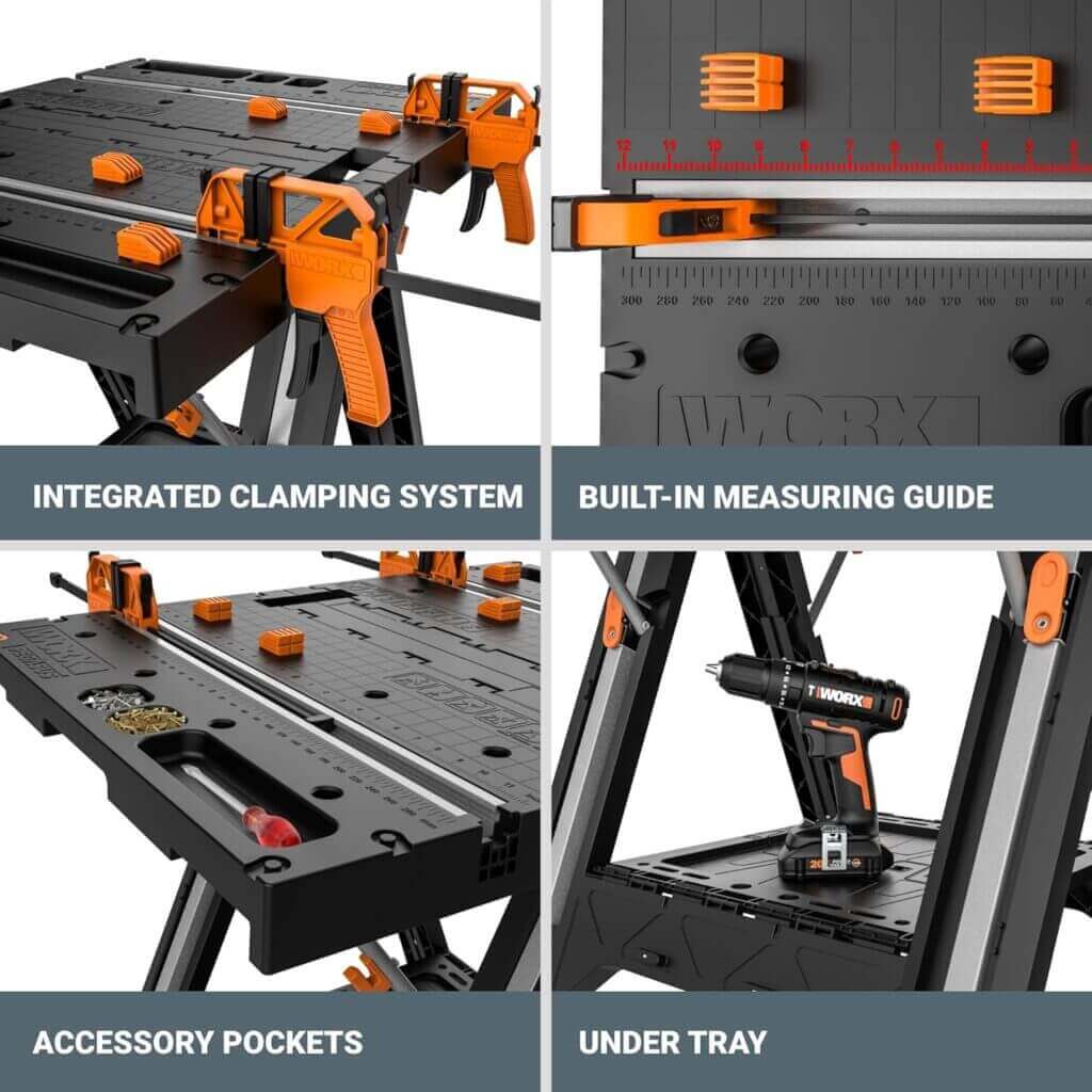 Worx Pegasus 2-in-1 Folding Work Table  Sawhorse, Easy Setup Portable Workbench, 31 W x 25 D x 32 H Lightweight Worktable with Heavy-Duty Load Capacity, WX051 - Includes 2 Clamps  4 Clamp Dogs