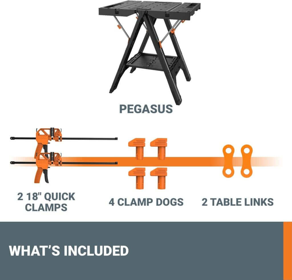 Worx Pegasus 2-in-1 Folding Work Table  Sawhorse, Easy Setup Portable Workbench, 31 W x 25 D x 32 H Lightweight Worktable with Heavy-Duty Load Capacity, WX051 - Includes 2 Clamps  4 Clamp Dogs