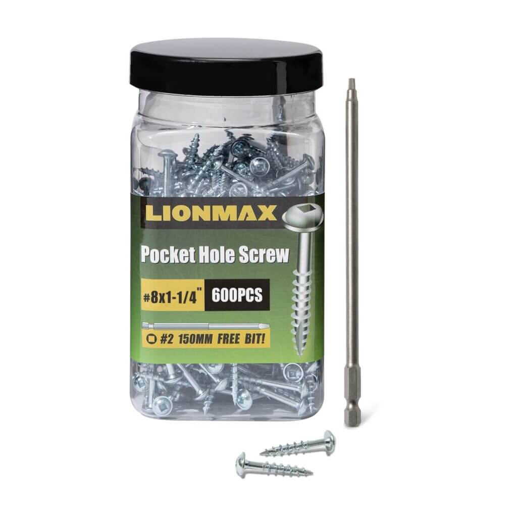 Pocket Hole Screws, LIONMAX Wood Screws #8 x 1-1/4 600PCS Washer Head with Coarse Thread, Square Drive Self Tapping, for Indoor Use, Zinc Plated, 150MM Drive Bit Included