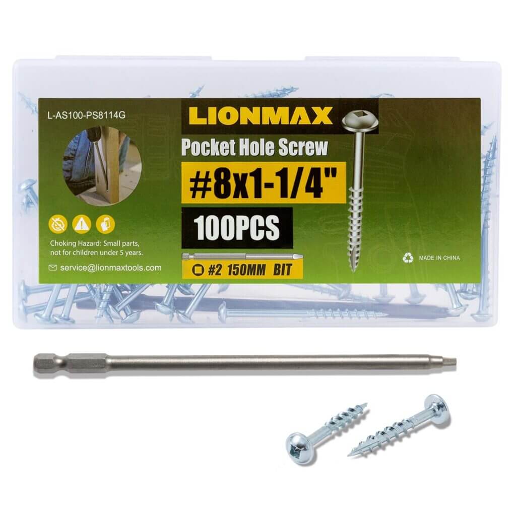 Pocket Hole Screws, LIONMAX Wood Screws #8 x 1-1/4 600PCS Washer Head with Coarse Thread, Square Drive Self Tapping, for Indoor Use, Zinc Plated, 150MM Drive Bit Included